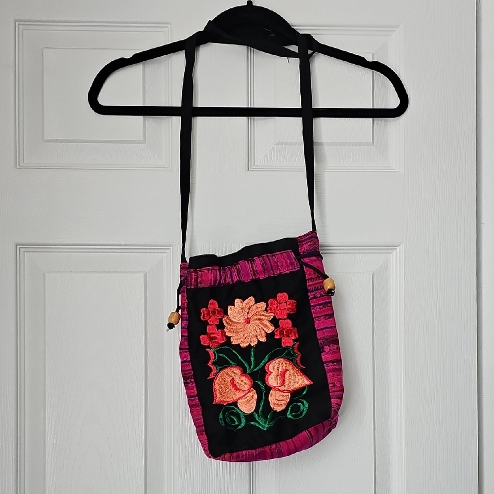 Floral Embroidered Pink and Black Women's Bag